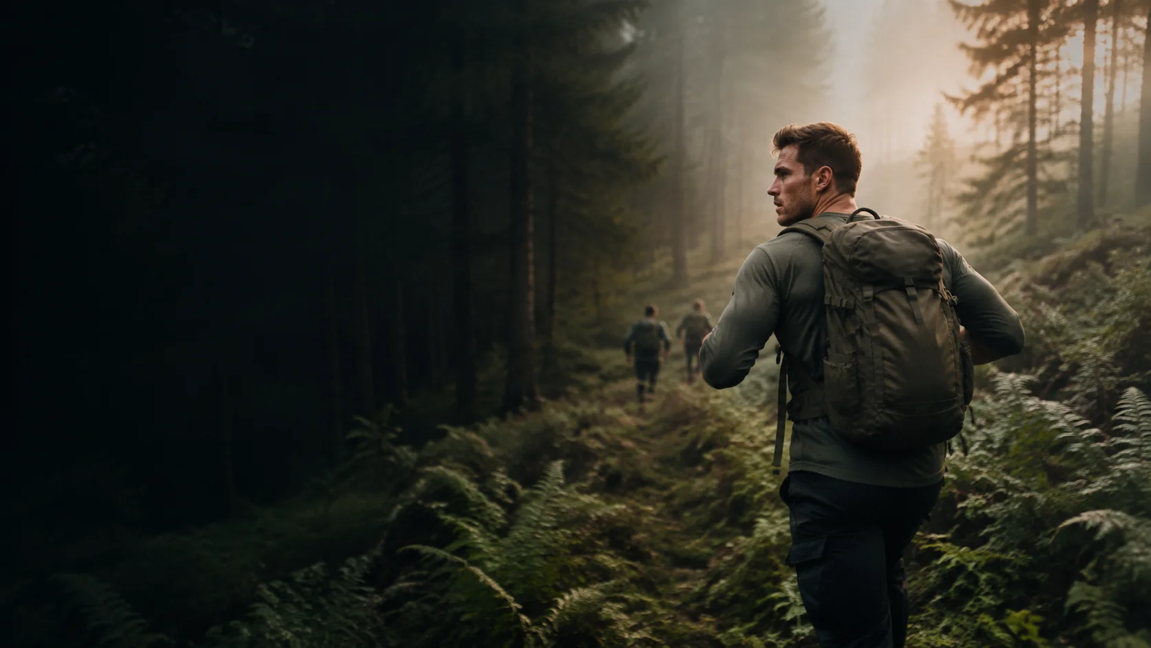 Sportler trainiert mit Rucksack auf einem Waldweg im Morgenlicht; illustratives KI-Motiv