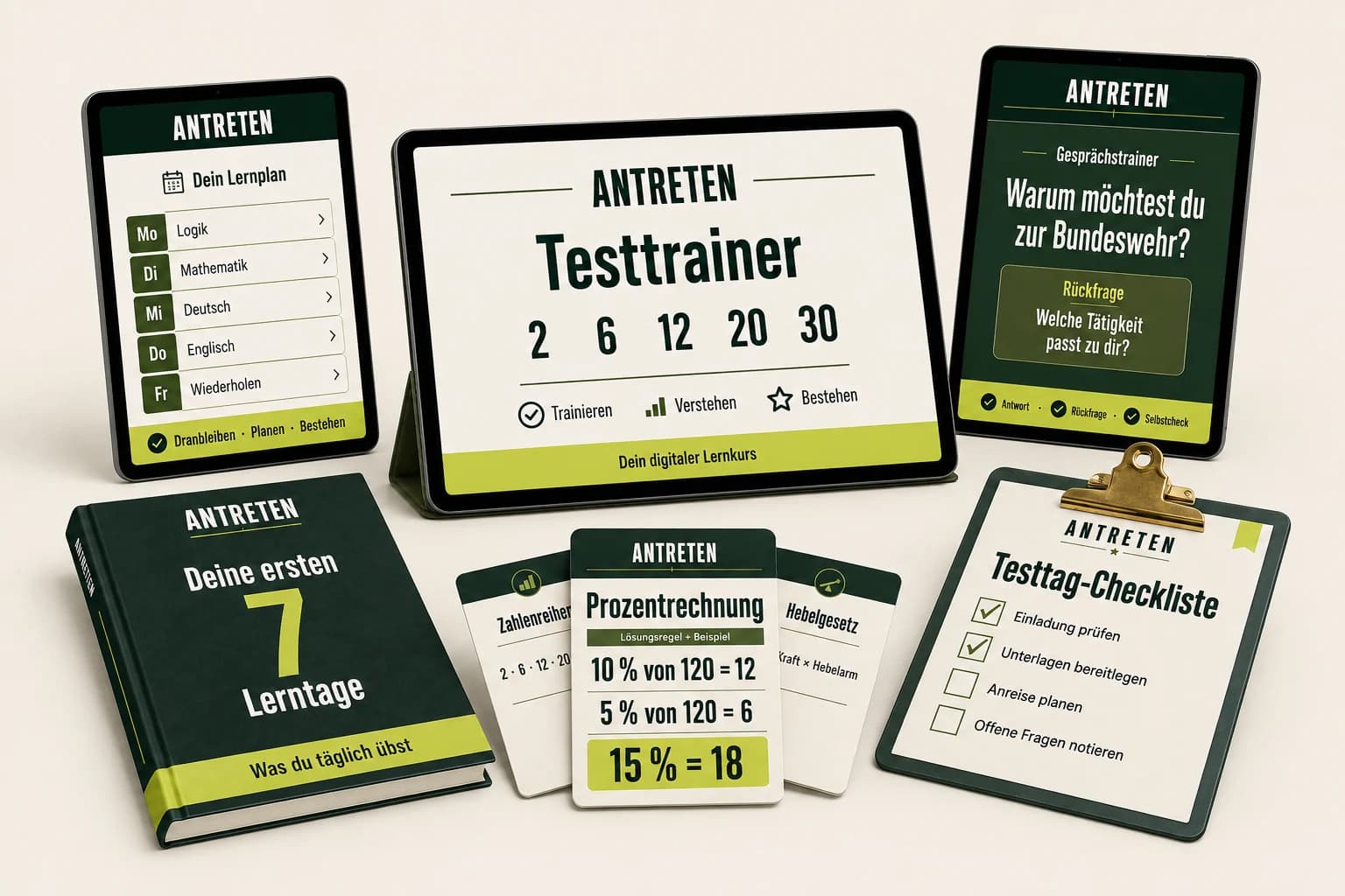 ANTRETEN Komplett: Testtrainer, Gesprächstrainer, Lernplan, 7-Tage-Startplan, Lernkarten und Testtag-Checkliste als digitales Kurspaket